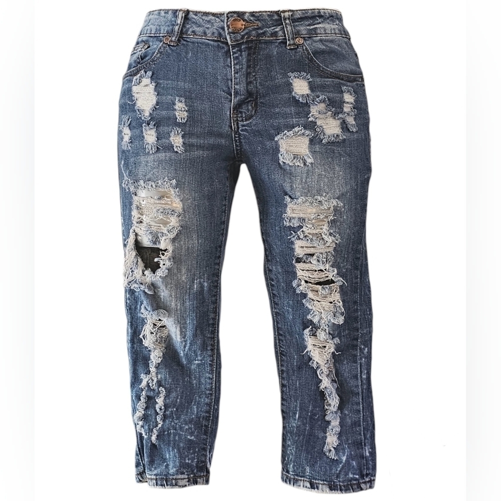VIP Jeans Junior Size 5/6 Destroyed Acid Wash Skinny Lowrise Crop Jeans - Picture 1 of 6